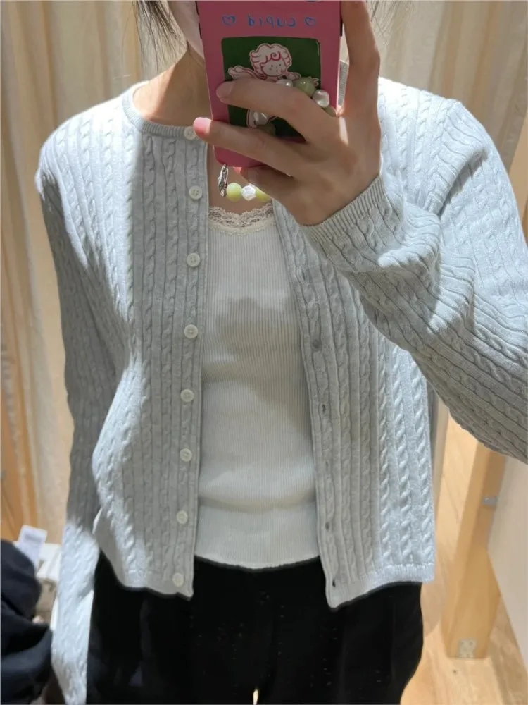 Solid Basic Cotton Long Sleeve Knitted Cardigan Women Simple O-neck Casual Preppy Style Jumper Sweet Prepppy Style Sweater Top - Image 3