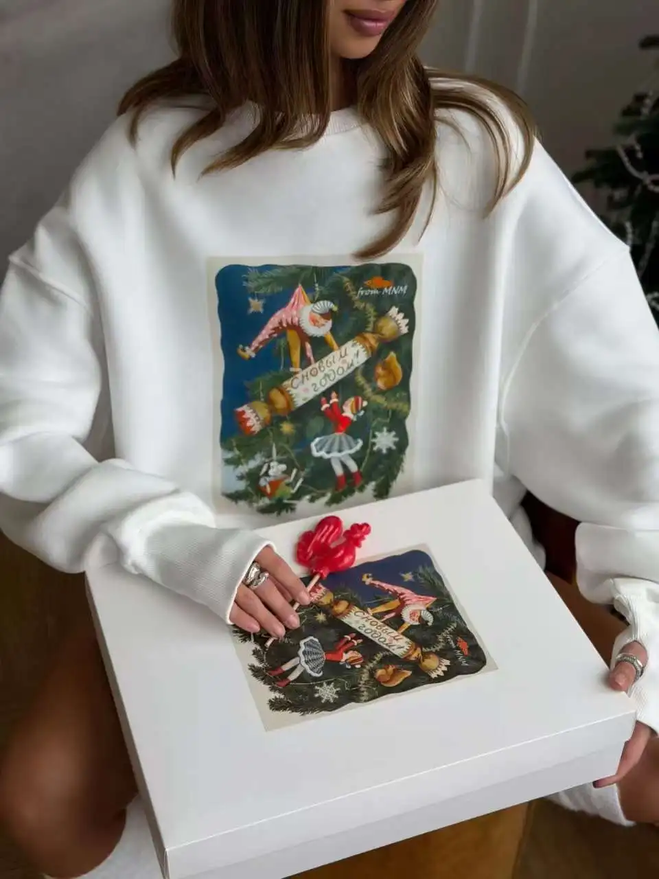 New Year Christmas Candy Print Printed Casual Sweatshirt Women Long Sleeve Round Neck Loose Hoodies Female Hip Hop Spring 2026