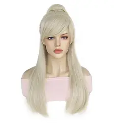 24inch Long Blonde Wavy Bang Bun Removable Clip on Ponytails Barbe Cosplay Wig for Halloween Christmas School Thanksgiving