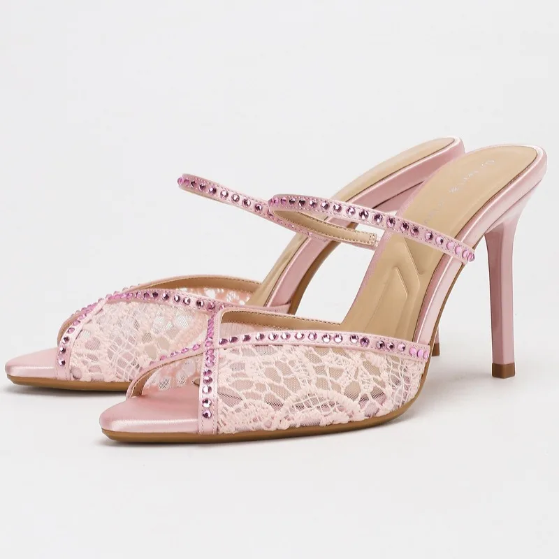 

Luxury Rhinestone Lace Designer Heeled Sandals for Women Elegant Banquet High Heels Ladies Sexy Backless Wedding Bridal Shoes