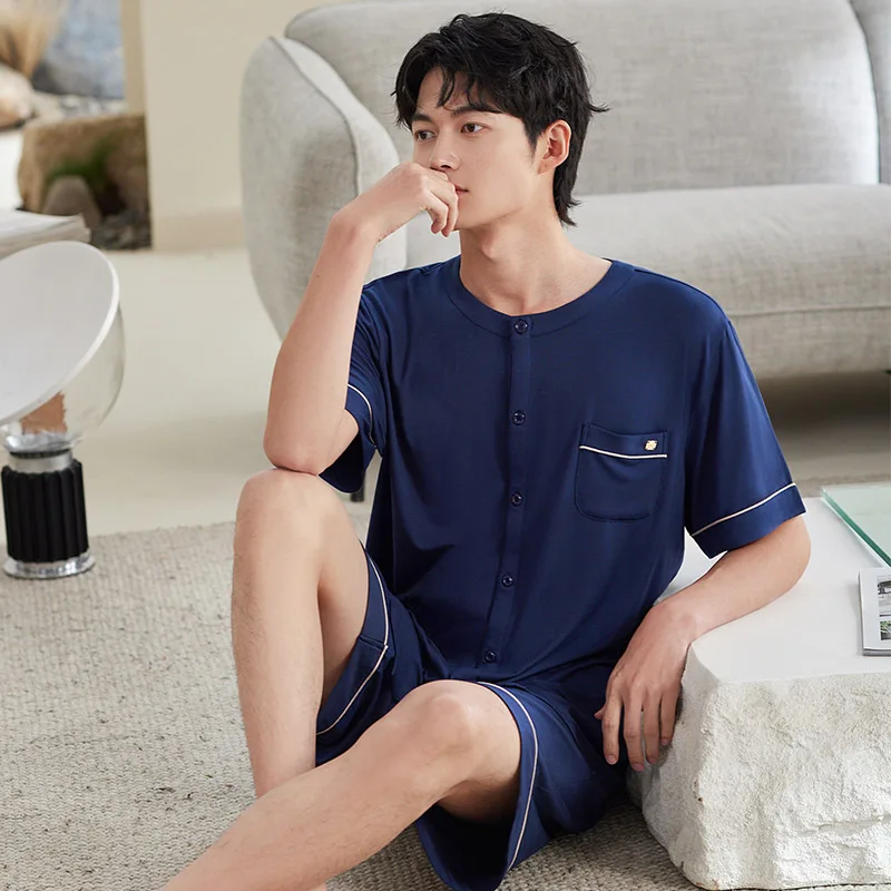 

Summer Modal Pyjamas Male Casual Pajamas Short Sleeve Cardigan O-Neck Tops With Shorts For Men Pajama Sets Comfortable Sleepwear