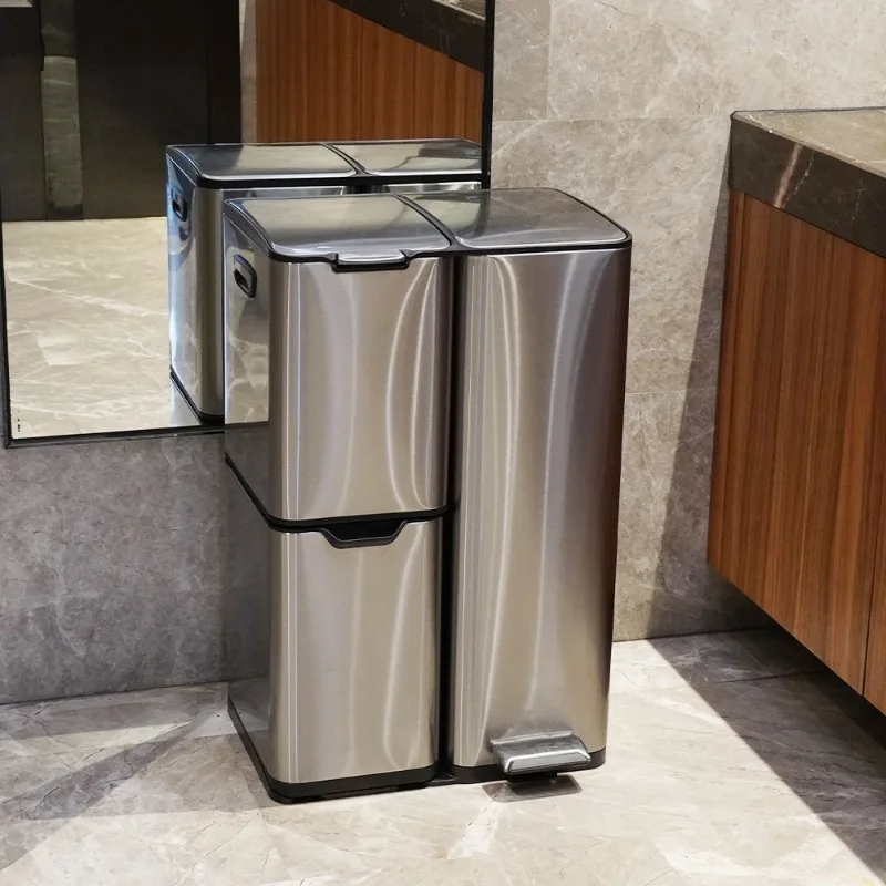 Three-compartment rectangular stainless steel trash can with double inner bucket sorting and closing slowly