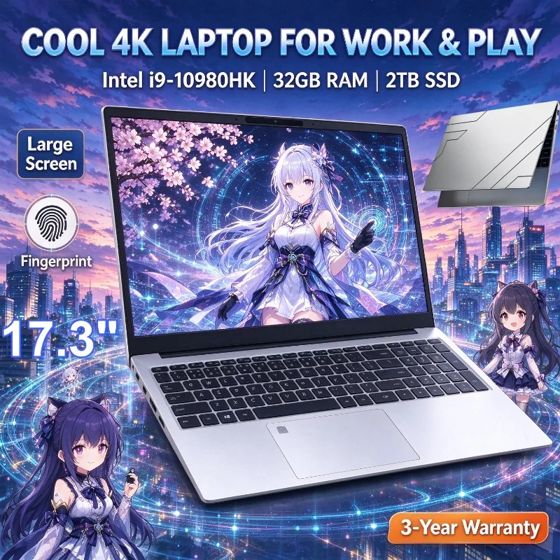 Intel I9-10980HK High-Performance Laptop Large Screen 17.3" Notebook PC 32GB RAM 2TB SSD Fingerprint Recognition Office 4K