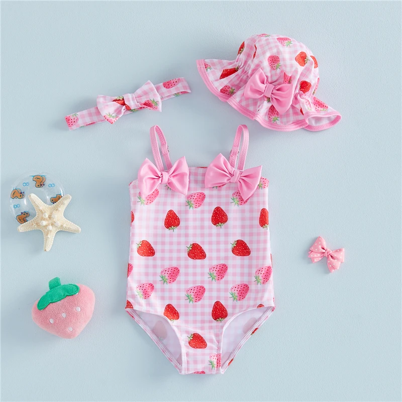 Toddler Infant Baby Girl Summer Cami Swimsuit Strawberry/Bow/Cherry Print Bathing Suit Headband Hat Sets