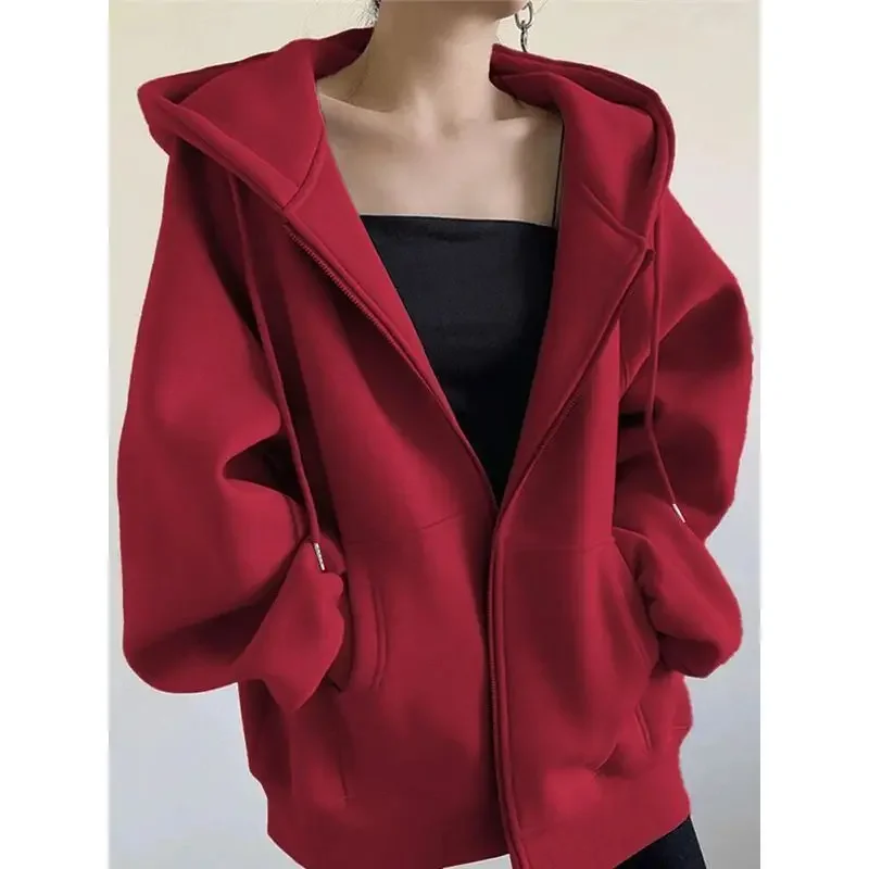 Black Hooded Cardigan Sweatshirt Women's Autumn Winter New Loose Casual Medium Length Fleece Zipper Versatile Top