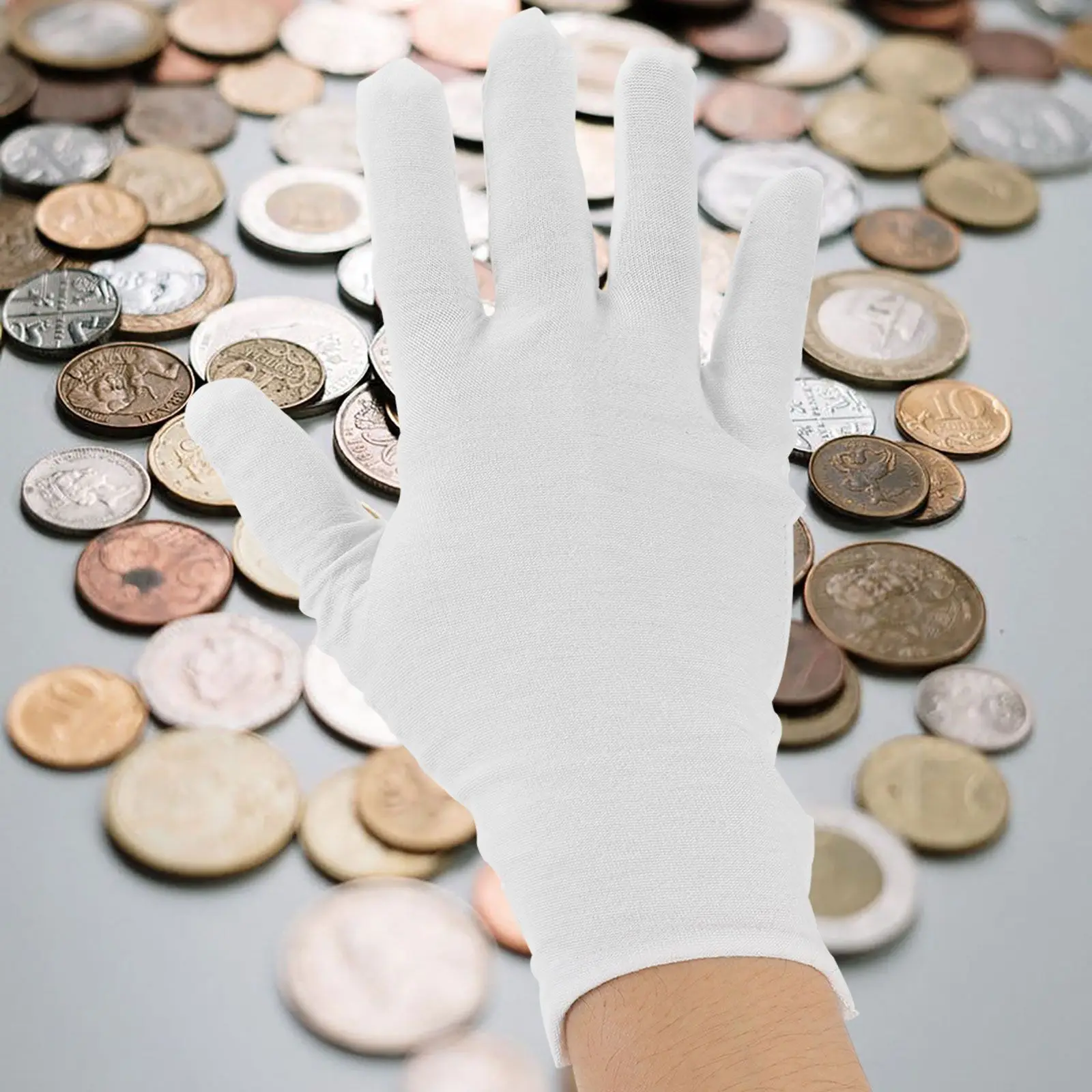 6 أزواج من القطن للرجال باللون الأبيض مقاسات من القطن لمجوهرات العملات المعدنية وقفازات فحص فضية