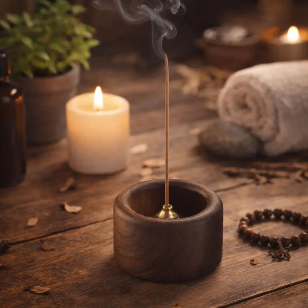 Creative Retro Wooden Incense Holder Handmade Sturdy Incense Stick Burner Round Incense Tray Meditation