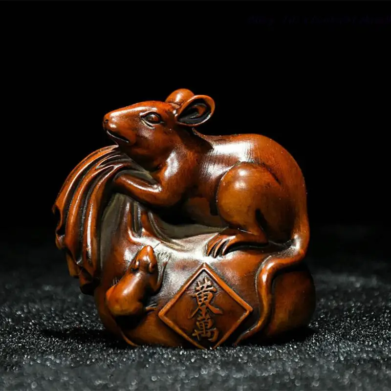 

Chinese Folk Feng Shui Boxwood Wood Carved Wealth Money Bag Zodiac Mouse Statue