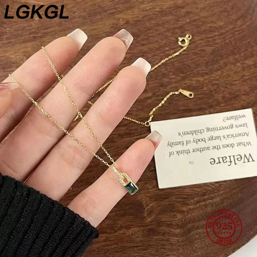 LGKLG 925 Sterling Silver Emerald Green Zircon Lock Shape Pendant Necklace Plating 18K Gold Fashion Simple Necklace for Women