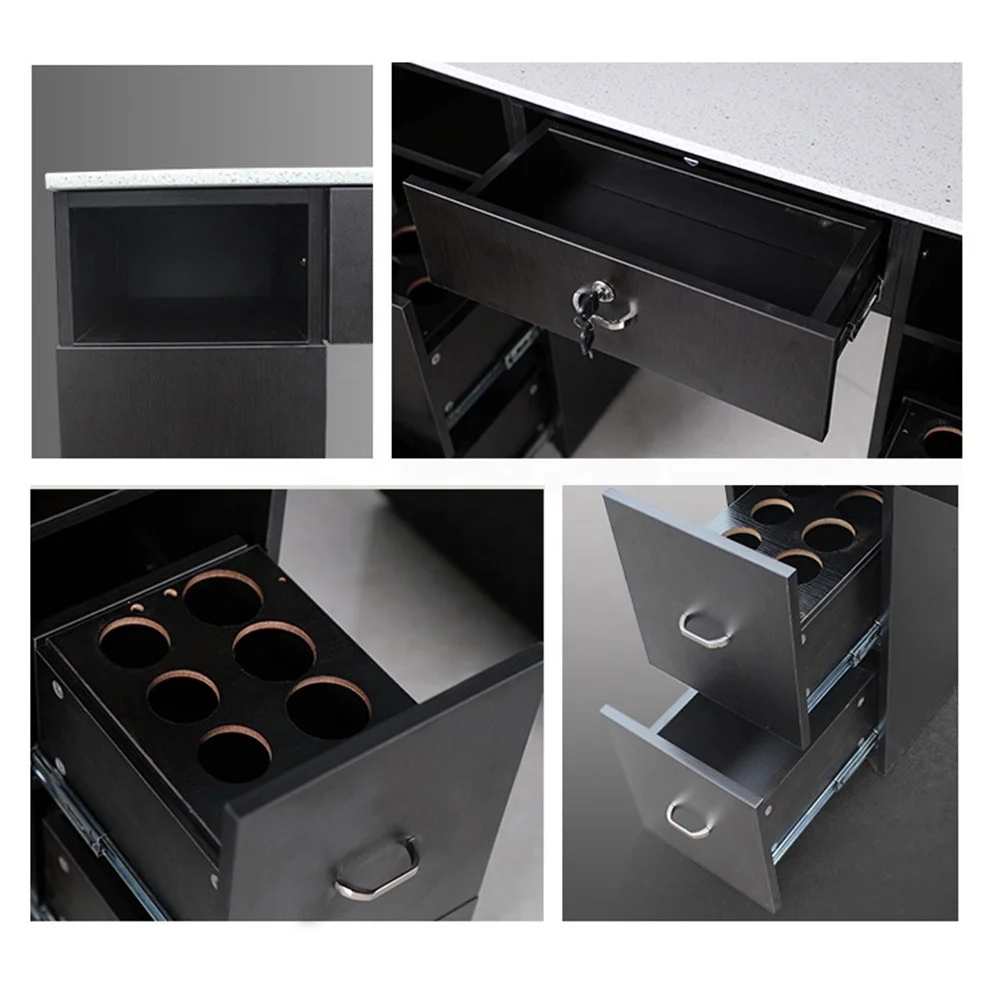 Furnitur Salon Kecantikan Mewah Modern Meja Manikur Hitam Tiga Stasiun Kuku Spa Kotor Tinggi Atas Kuarsa dengan Roda