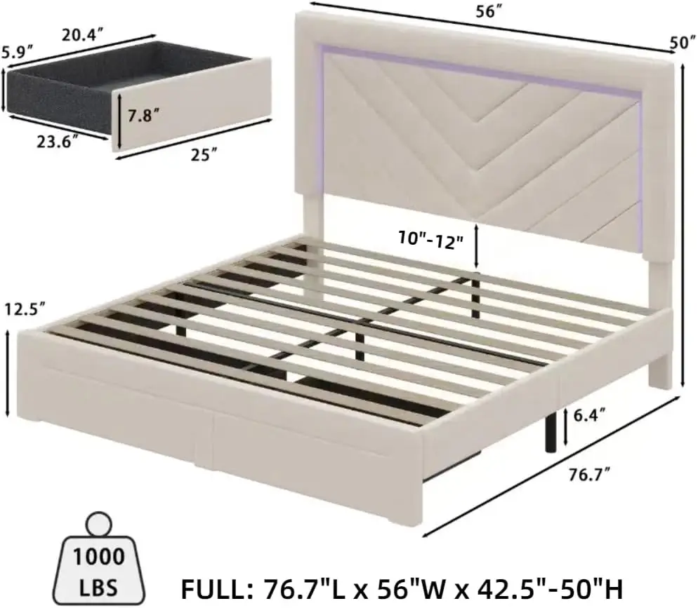 Marco de cama de tamaño completo con cabecero ajustable y 2 cajones de almacenamiento, tapizado completo con luz Led Rgb y carga