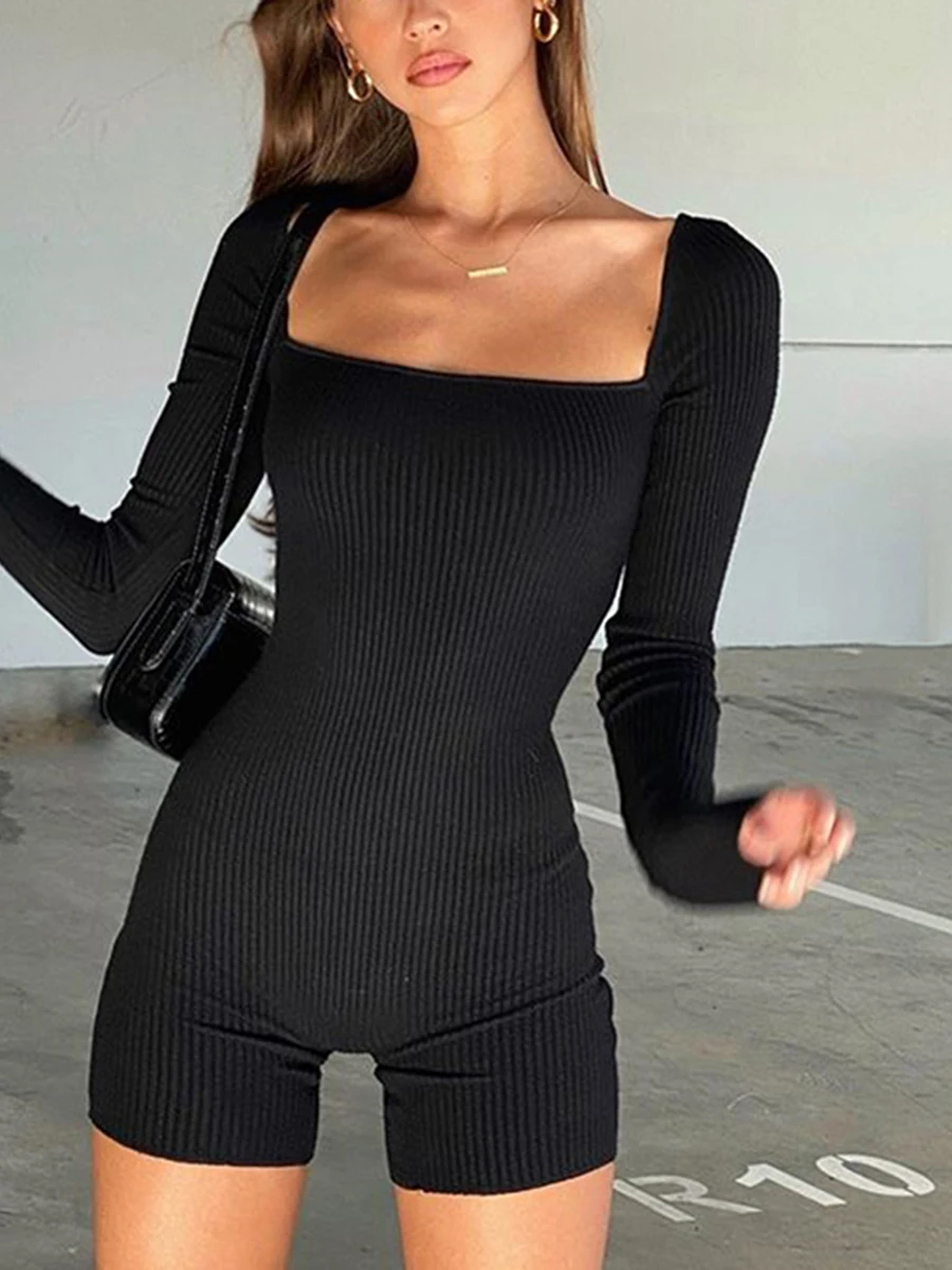 

2023 Knitted Ribbed Rompers For Summer Women Long Sleeve Skinny Playsuit Sexy Black Basic Female Overalls Short Jumpsuit New