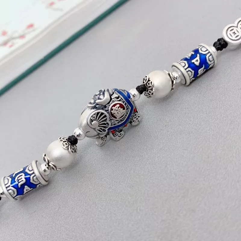 S925 Silver Enamel Crafted Elephant Bracelet For Men And Women's Retro Handwoven Ethnic Style Fashion Light Luxury Trend