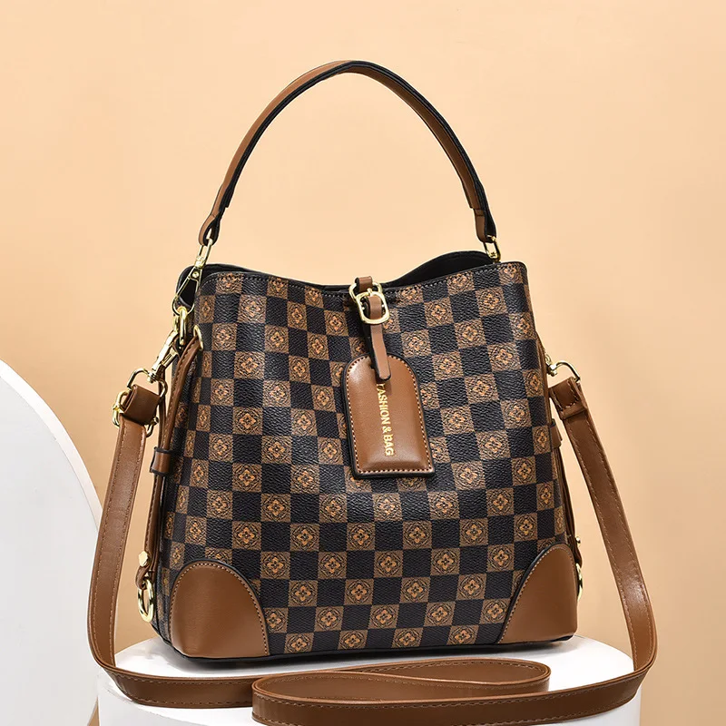 Vintage Fashion Checkered Handbag Women\'s Bags 2023 New Stitched Contrast Print One Shoulder Diagonal Across Bucket Bag Woman