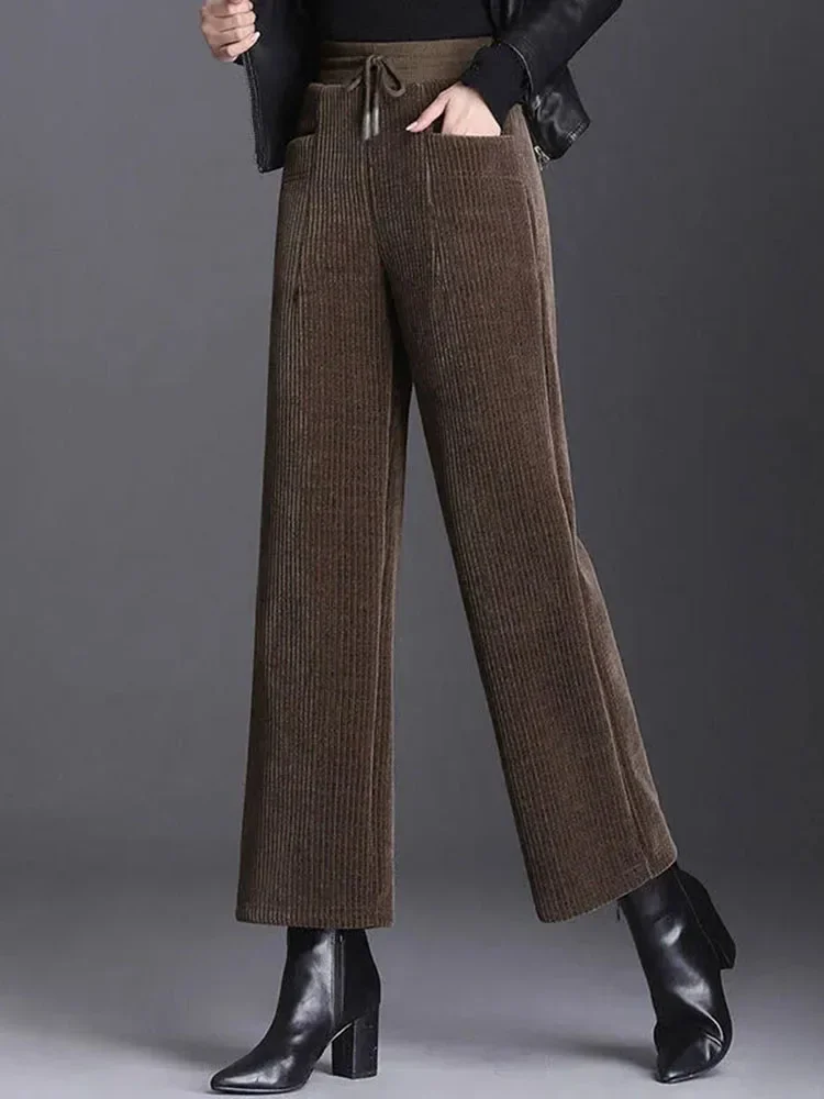 

Women Thicken Wide Leg Pants Warm Plus Velvet Corduroy Casual Pantalones Baggy High Waist Oversize5XL Straight Sweatpants L359