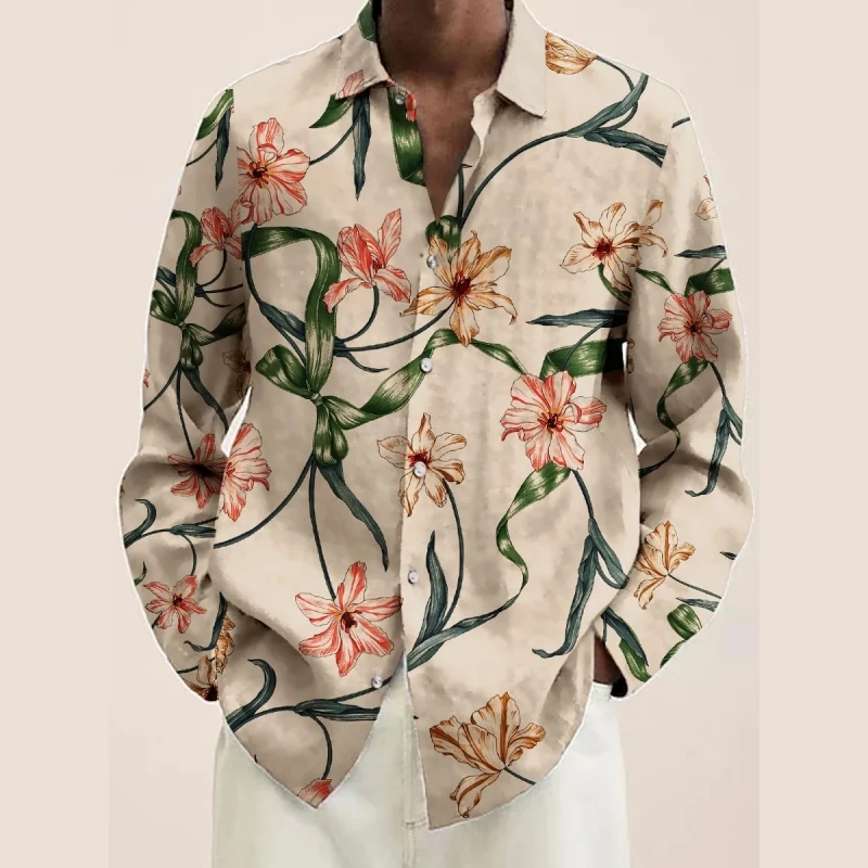 Chemises vintage à imprimé de plantes et fleurs pour hommes, chemisiers à boutonnage simple, chemise à manches longues, streetwear décontracté, vêtements à revers pour hommes