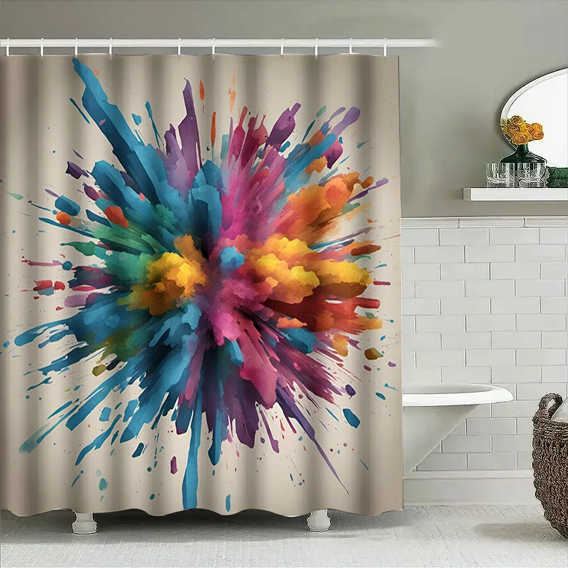 Bunter Duschvorhang, dekorative wasserdichte Badezimmerverkleidung mit blauem, violettem, gelbem rotem Spritzdesign (Größe 72 x 84)