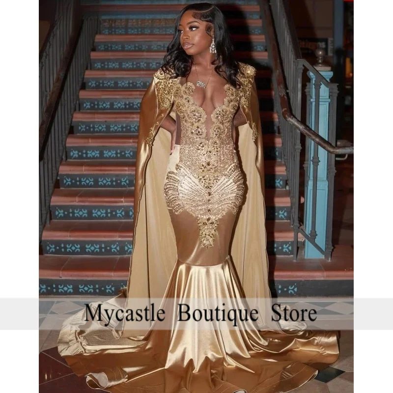 فستان حورية البحر اللامع المخصص بحورية البحر للحفلات الراقصة 2026 للفتيات باللون الأسود الماسي والكريستال المطرز كيب فستان رسمي لحفلات أعياد الميلاد #3