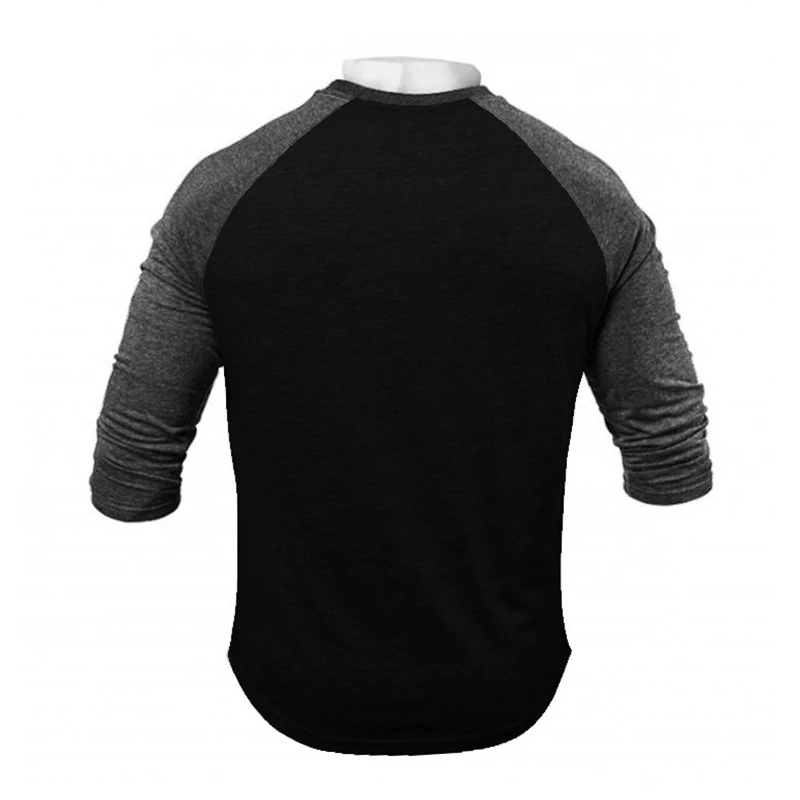 Brand Gym Clothing Men\'s Sport Fitness Three Quarter Sleeve Running T-Shirt Outdoor Workout Cotton Contrast Color Slim Fit Shirt