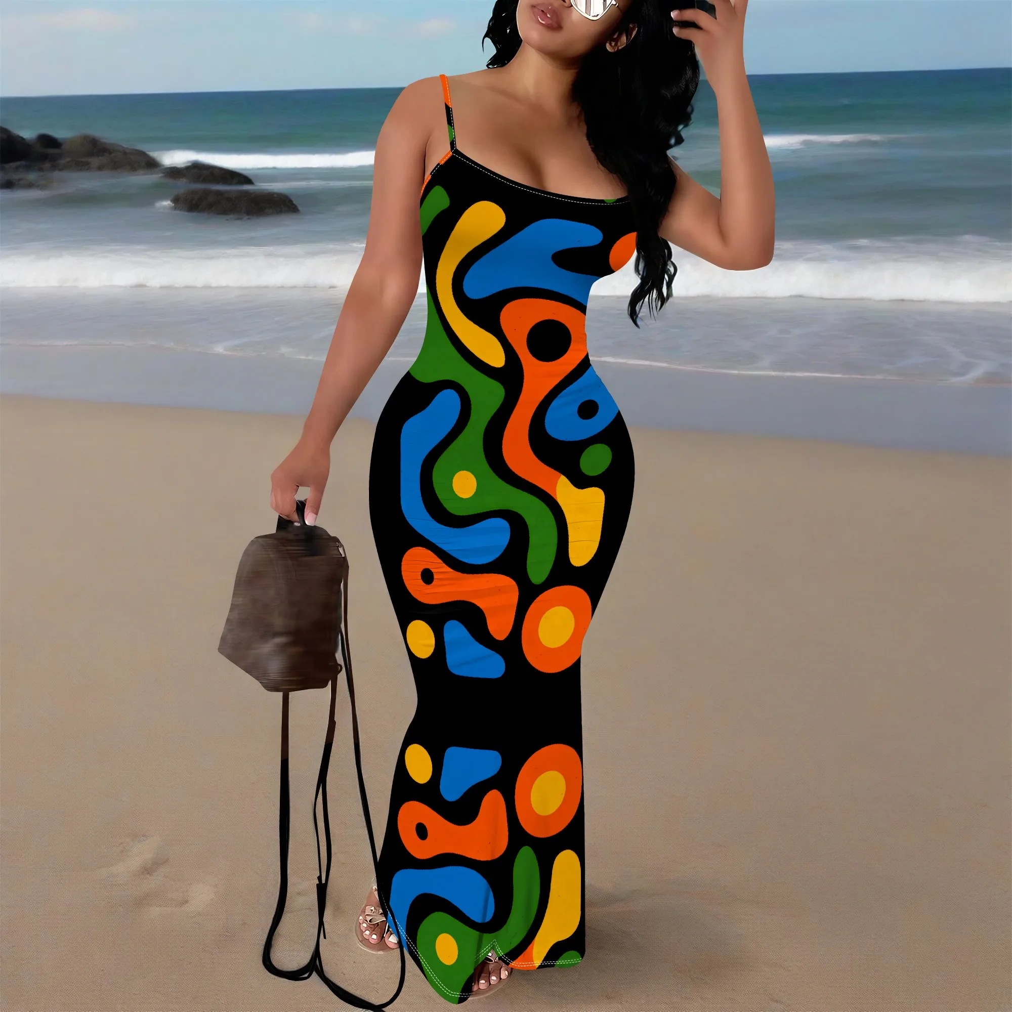 

Colorful Abstract Print Maxi Dress XS-3XL Sleeveless Bodycon Style for Afro Streetwear, Music Festival or Summer Art Party Look