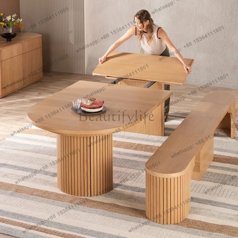Factory Direct Sales Retractable Solid Wood Round Dining Table New Foldable Pulling Multi-function