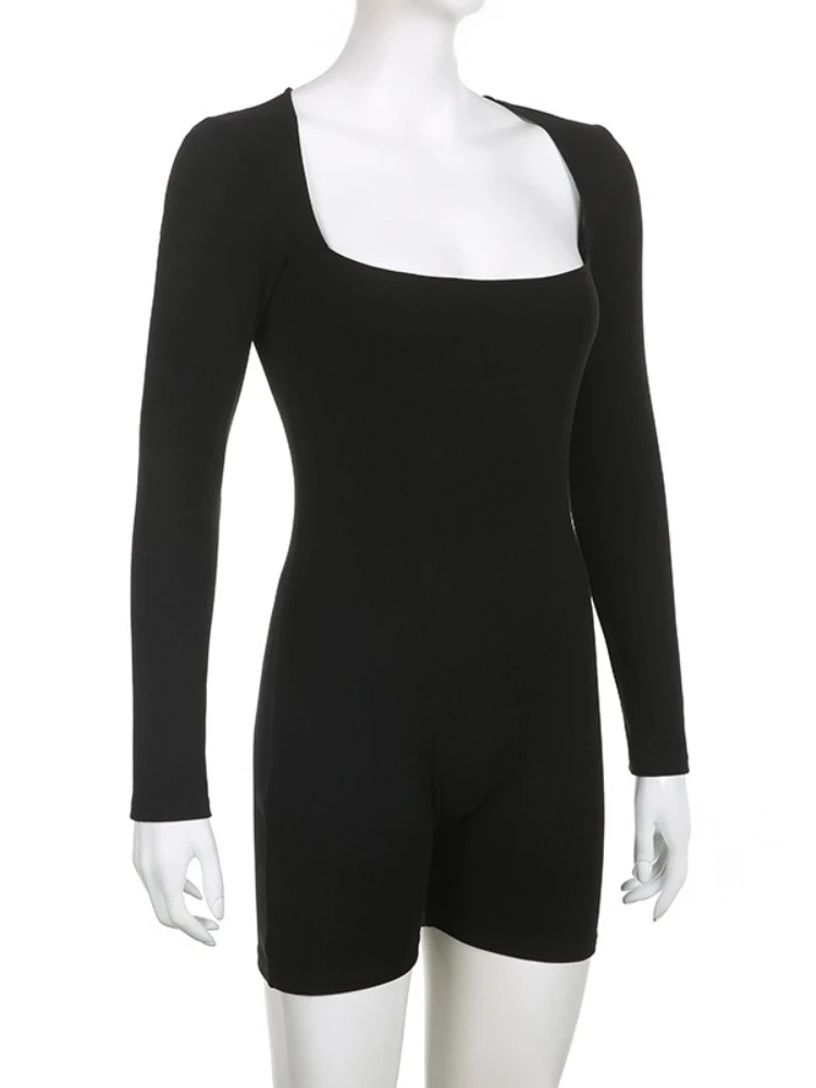 SsTss 여성 캐주얼 점프수트 솔리드 컬러 긴팔 바디수트 스퀘어 넥 슬림 스트레치 롬퍼 반바지 트렌디 Y2K 의상