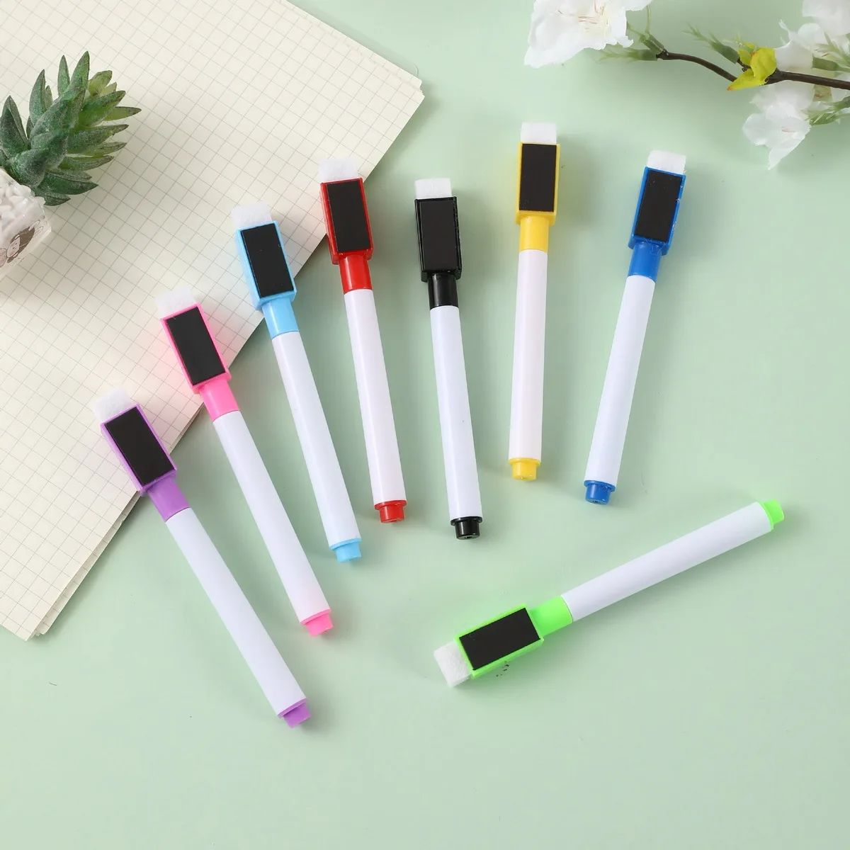 8pcs/Set Bullet Tip 11.3*1cm Small Size No Magntic Whiteboard Dry Erase Markers, 8 Color *1pcs Magnet Pen