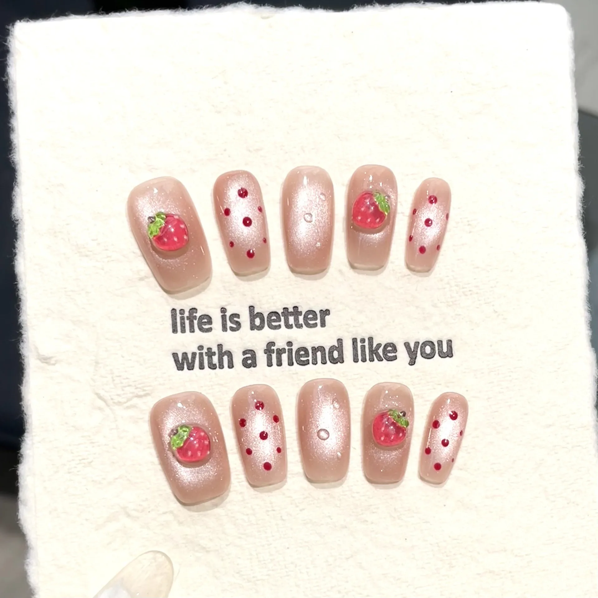 

10pcs Cream Strawberry Press On Nails Wave Point Cat's Eye Handmade Fake Nails Light Pink Square Shape Sweet Girls False Nail
