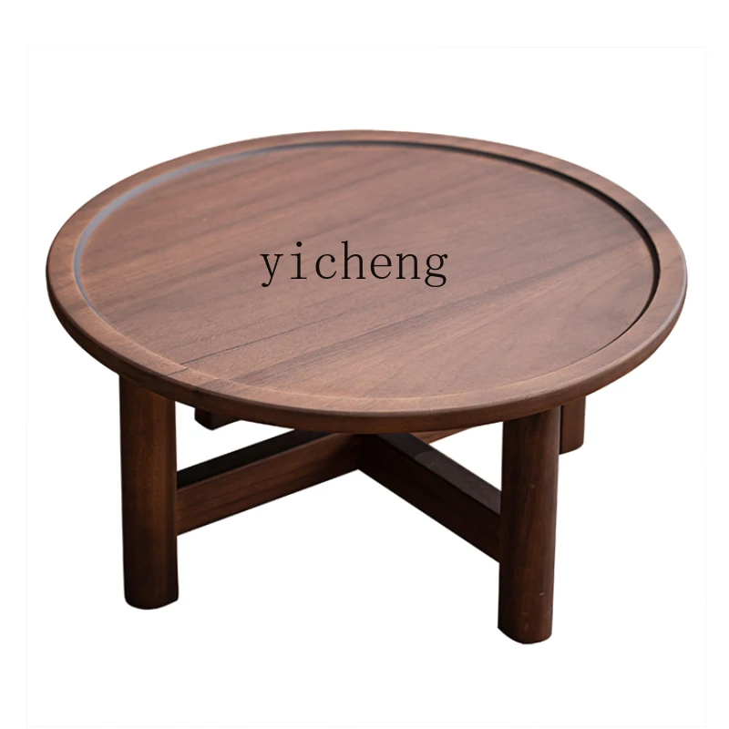 XL Walnut round Small Table Tatami Kang Table Low Table Small Coffee Table Solid Wood Portable