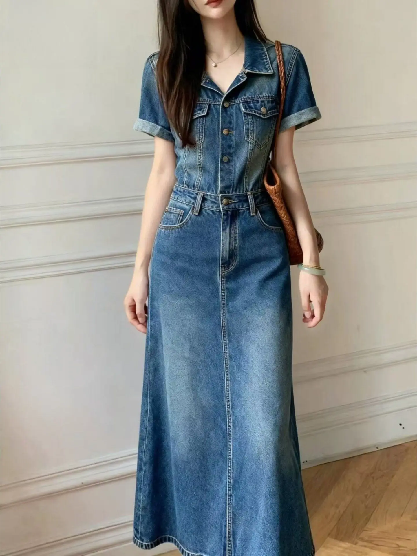 

Hong Kong Style Retro High-end 2026 Summer New Style Waist Slimming Blue Short-sleeved Lapel Denim Dress for Women