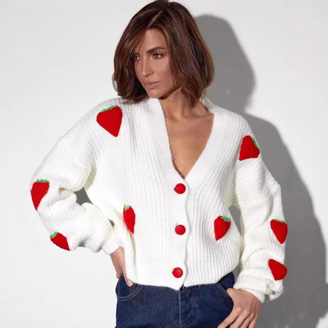 

Loose V Neck Knit Cardigan Women Lantern Sleeve Strawberry Embroidery Button Spring Autumn Sweater