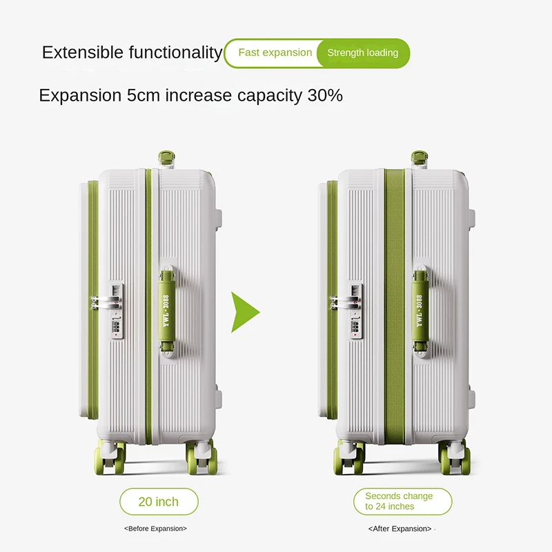 Bagagem expansível de alta qualidade, abertura frontal, feminina, leve, caixa de embarque de 20 polegadas, grande capacidade, mala de 24/28 polegadas
