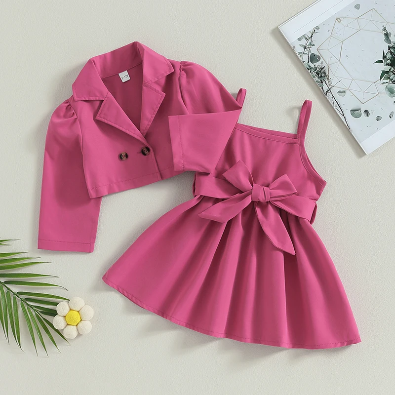 Toddler Girl 2Pcs Fall Outfits Sleeveless Belted Dress Double Breasted Trench Coat Set Baby Clothes