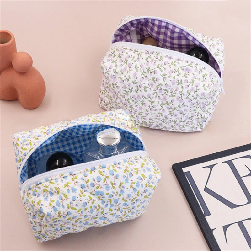 Flower Printed Puffy Zipper Makeup Bag Storage Organizer Toiletry Handbag Cosmetic Pouch Large Travel Cosmetic Bag