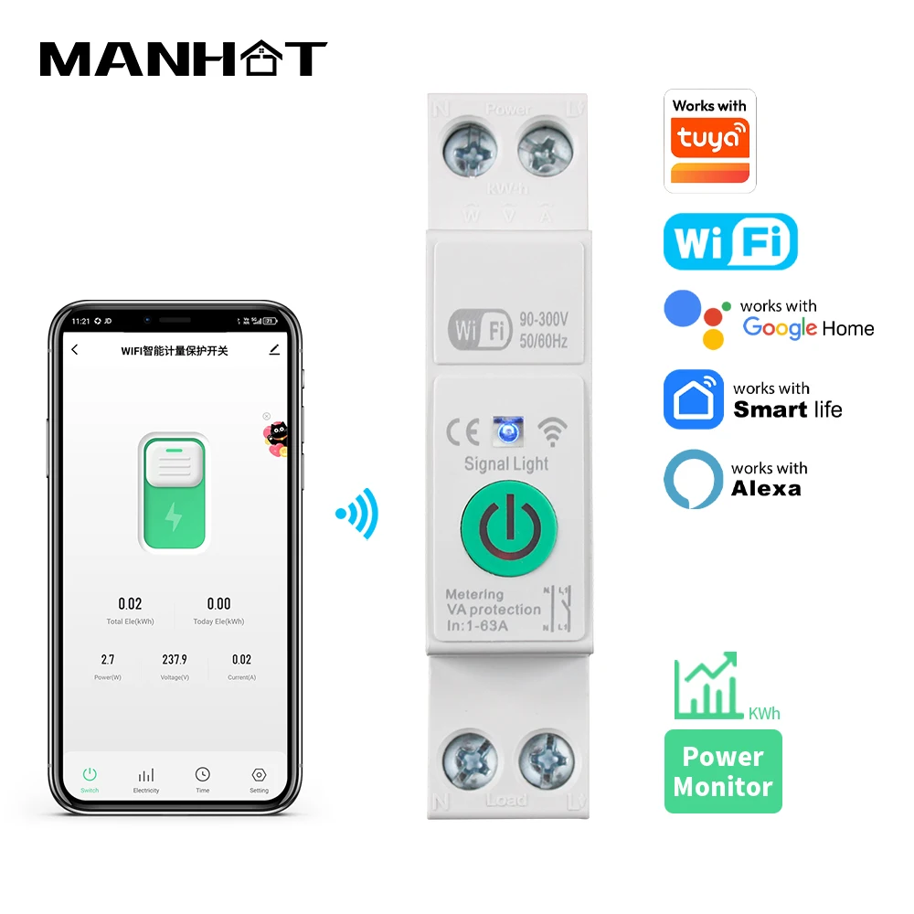 1P+N Mini Smart Wifi Circuit Breaker MCB 1-63A Din Rail Mounting Miniature Household Air Switch Smart Life Alexa Google Alice