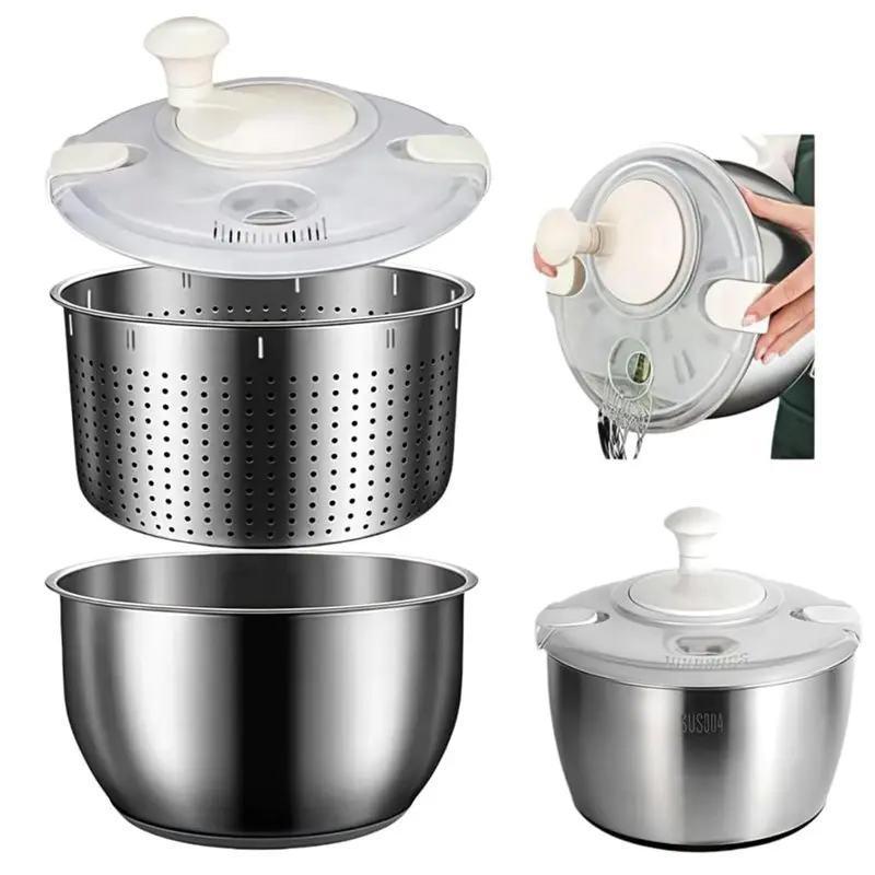 AT29-Washer Dishwasher Safe 5.3 Qt Stainless Steel Salad Spinner, Lettuces, Fruit Washing Tool