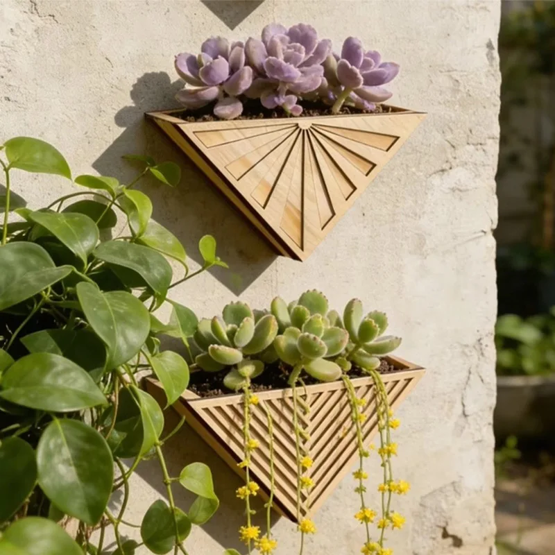 Triangle Plant Holder Wooden Triangle Wall Planter Minimalist Decorative Geometric Flower Pot Handmade Succulent Pot Indoor
