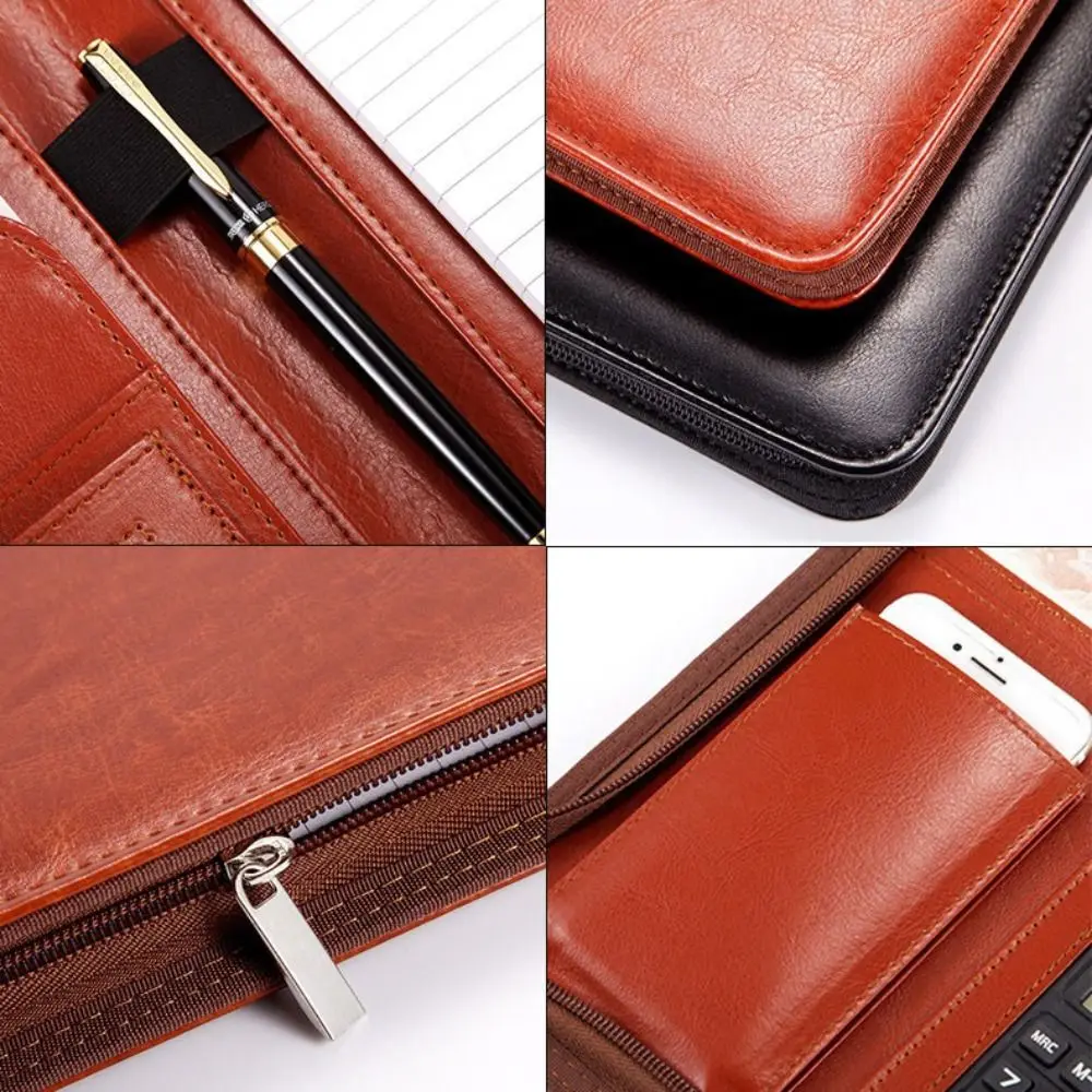 

Папка-файл А4 из искусственной кожи на молнии с отделениями для ручки, блокнота, клипса для заметок, держателем для карт и зажимами для документов для бизнеса и офиса