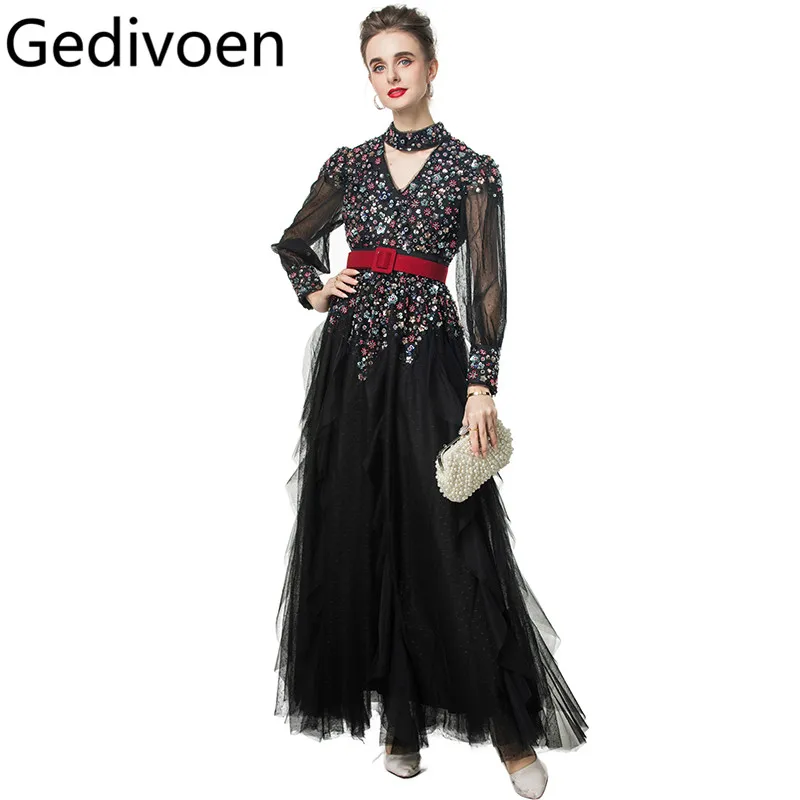 

Gedivoen Fashion design Women's Dress Turtleneck Long-Sleeved Mesh Sequins Ruffles Slim Ball Gown S-4XL Dresses