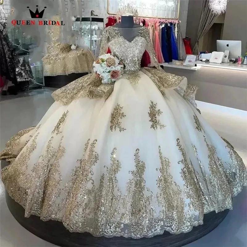 Wykwintne złote sukienka na Quinceanera aplikacje z długimi rękawami z cekinami perły kopciuszka vestidos de 15 años sznurowane na zamówienie LJ04