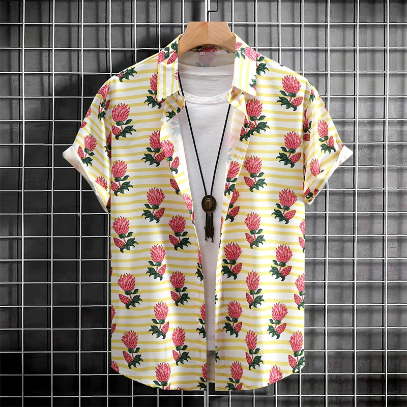 

Fashion Summer Men's Short-sleeved Shirt 3D Print Flower Plants Print Single-breasted Shirt Casual Vacation Button Down Blouse