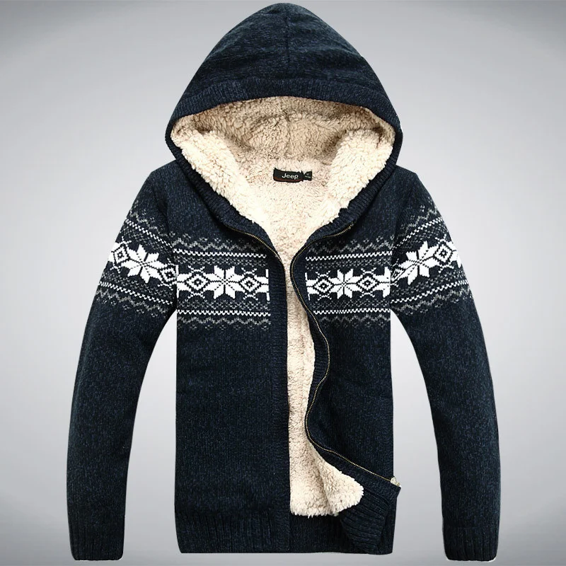 Hooded Winter Sweater Male Thicken Fleece Wool Men Cardigan outwear Coats Knitted Cotton Red Blue Size M L XL XXL