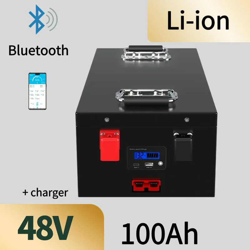 Li-ion 48v 100AH lithium batterry with bluetooth BMS APP fortricycle inverter Solar energy storage scooter + 10A charger