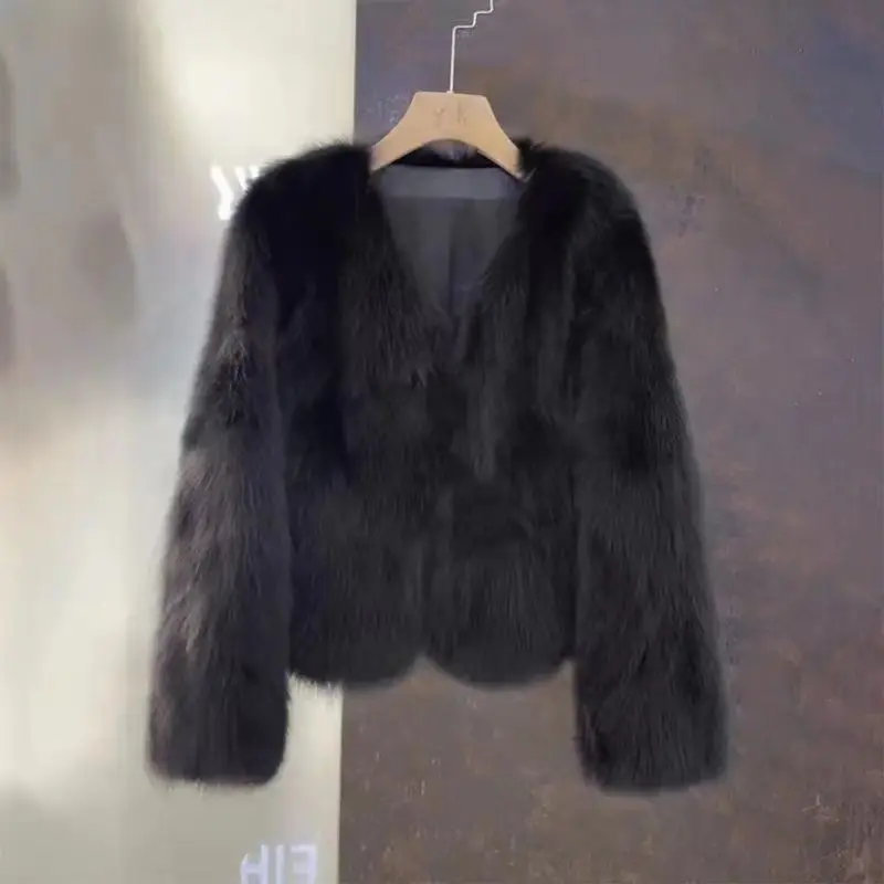 Jaqueta curta de pelúcia faux fox fur feminina, casaco quente, casaco grosso, moda coreana, preto, branco, rosa, cáqui, roupas femininas, outono, inverno, novo