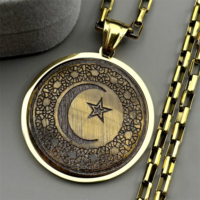 

Muslim Star Crescent Moon Stainless Steel Necklaces Men Spiritual Islamic Talisman Natural Stones Necklaces Pendants Jewelry