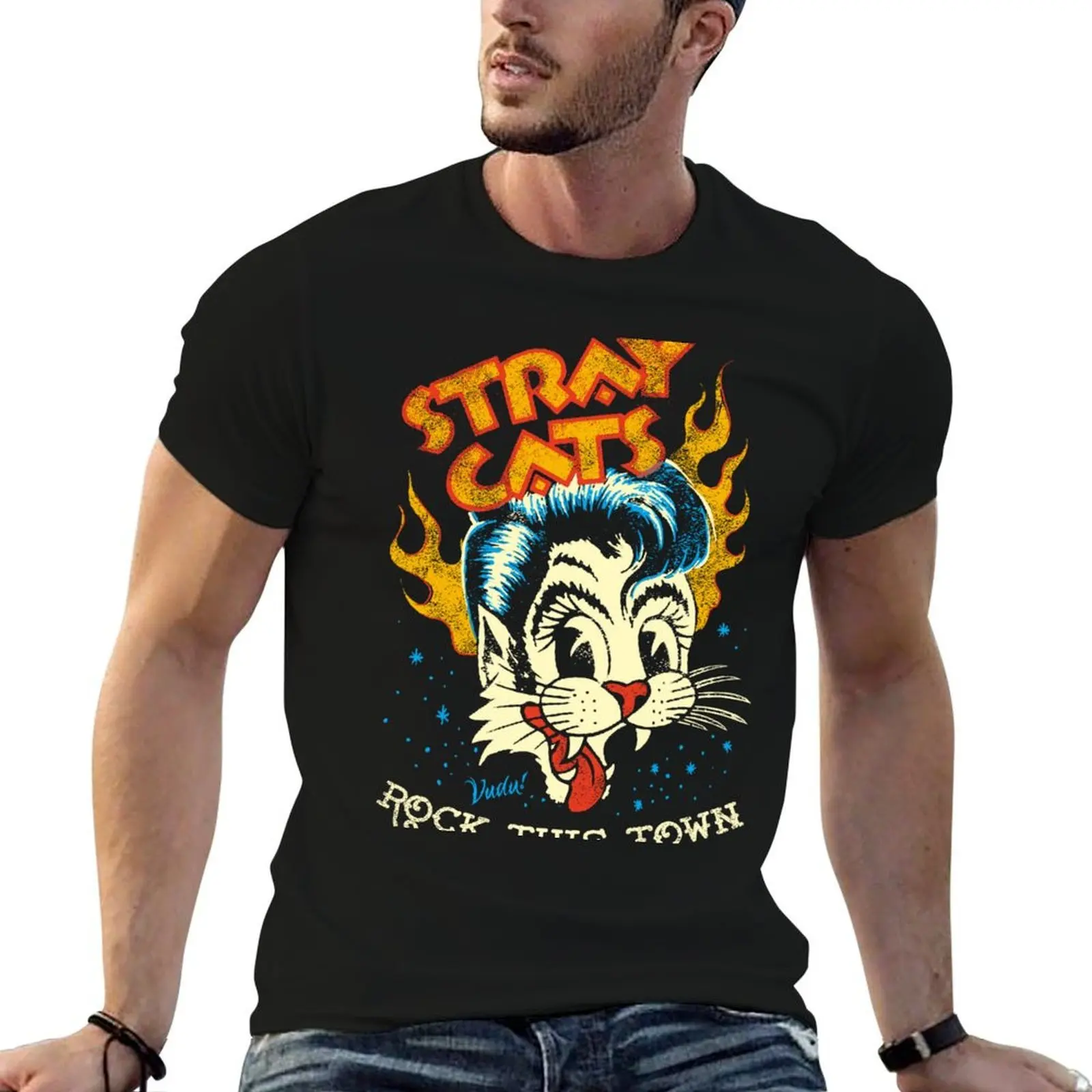 

Retro Feline Rocker in Vintage Style Black T-Shirt mens graphic t shirts man t shirt heavy cotton T-Shirt