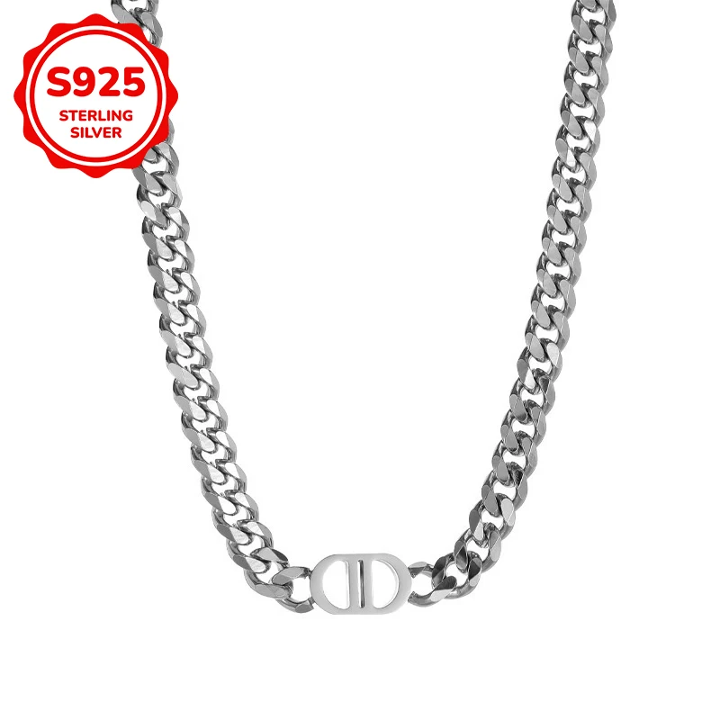 925 Sterling Silver Hip-Hop Letter Cuban Chain Men's Necklace, Fashionable Men's Jewelry Gift