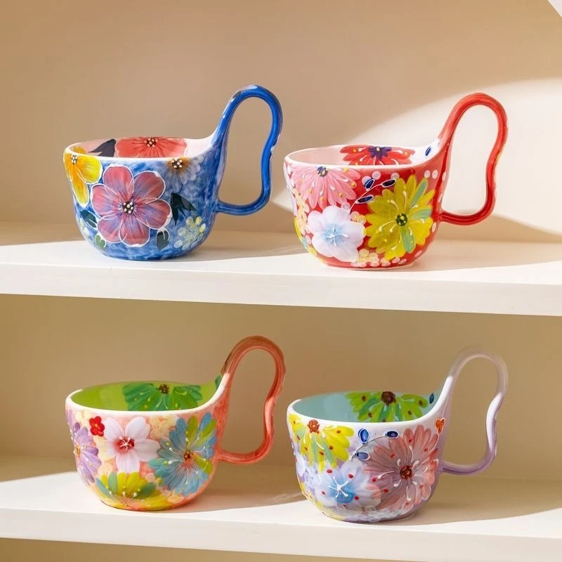 

500ml Hand-painted Underglaze Ceramic Mug, Large Ear Curved Coffee Mugs, Office High-value Breakfast Milk Cups, Gift Tea Cup Set