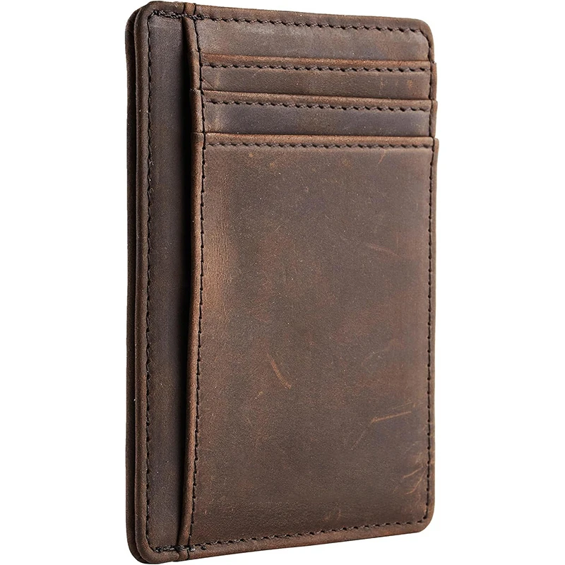 Genuine Leather RFID Blocking Retro Thin Card Holder Wallet, Crazy Horse Leather Minimalist Slim Front Pocket Wallets