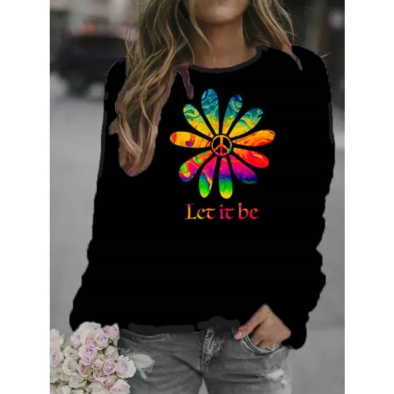 Women's Colorful Floral Print Crew Neck Hoodie Clothes Women Clothing Aesthetic Sweatshirt Sweatshirts Harajuku